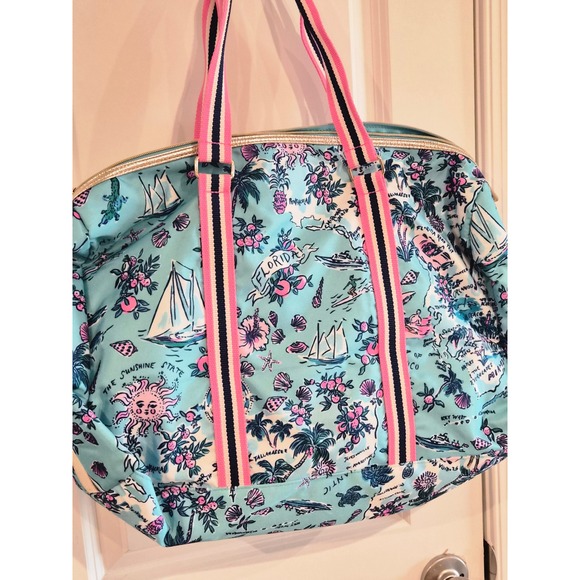 Lilly Pulitzer Sunshine State Florida Map Weekender Duffel Bag Blue Pink Gold - Picture 3 of 8